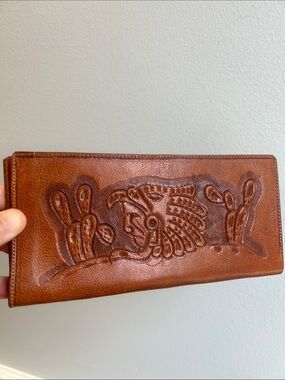 Vtg Mexican Hand-Tooled Leather Long Wallet Embossed with Southwestern Motif